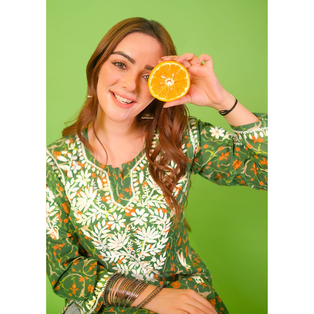 House of Chikankari Mulmul Chikankari Printed Womens Short Kurti-Green