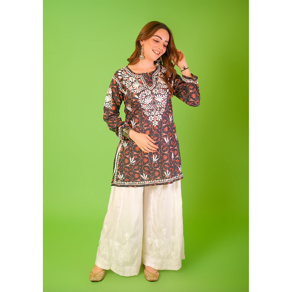 House of Chikankari Mulmul Chikankari Printed Womens Short Kurti-Black