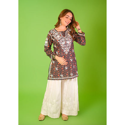 House of Chikankari Mulmul Chikankari Printed Womens Short Kurti-Black