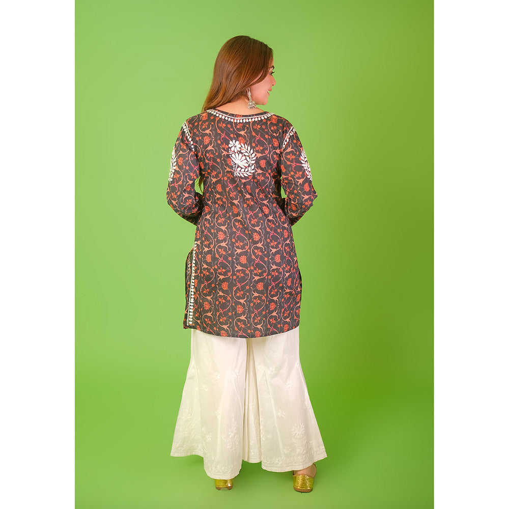 House of Chikankari Mulmul Chikankari Printed Womens Short Kurti-Black