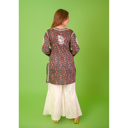 House of Chikankari Mulmul Chikankari Printed Womens Short Kurti-Black
