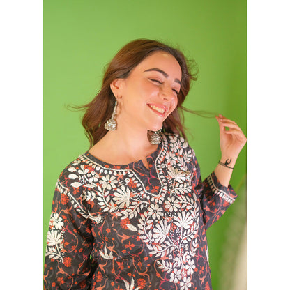 House of Chikankari Mulmul Chikankari Printed Womens Short Kurti-Black