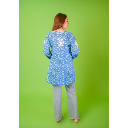 House of Chikankari Mulmul Chikankari Printed Womens Short Kurti-Blue