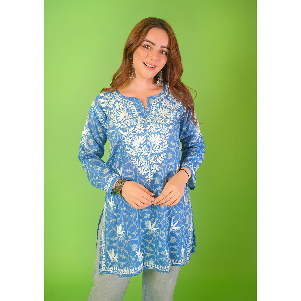 House of Chikankari Mulmul Chikankari Printed Womens Short Kurti-Blue