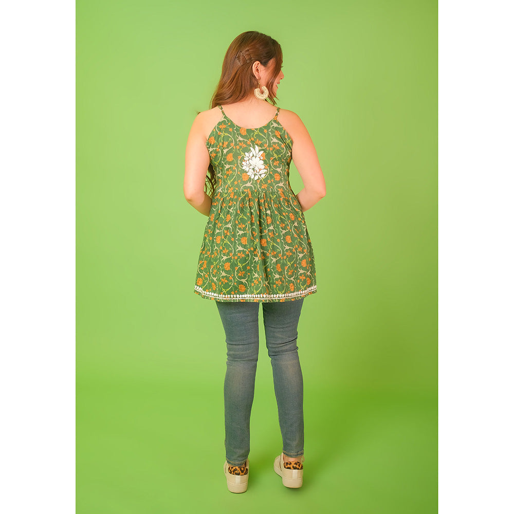 House of Chikankari Mulmul Chikankari Printed Womens Short Kurti-Green