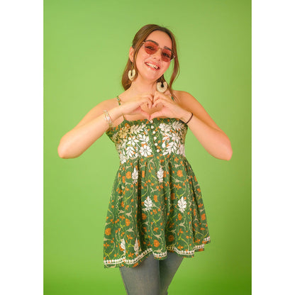 House of Chikankari Mulmul Chikankari Printed Womens Short Kurti-Green