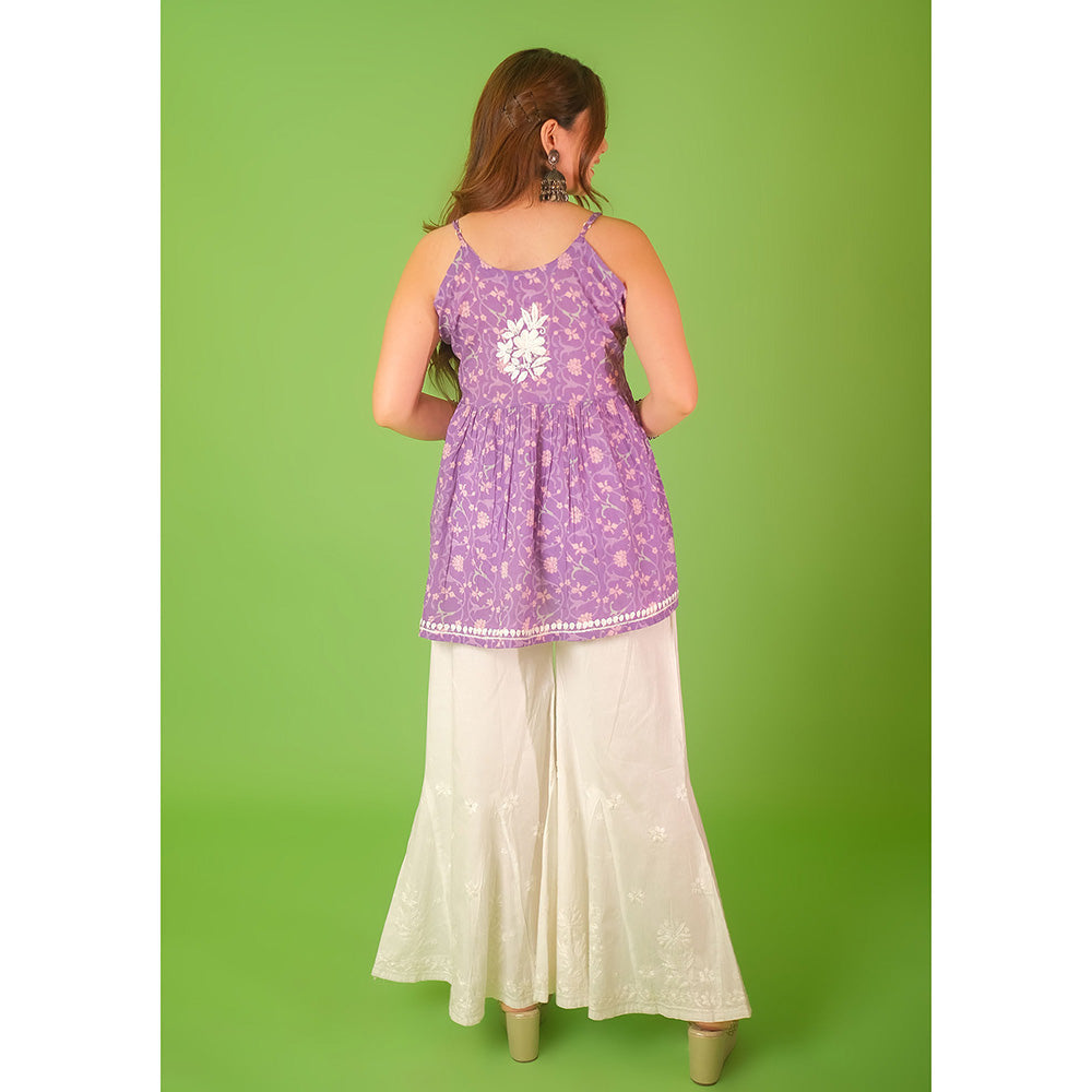 House of Chikankari Mulmul Chikankari Printed Womens Short Kurti-Purple