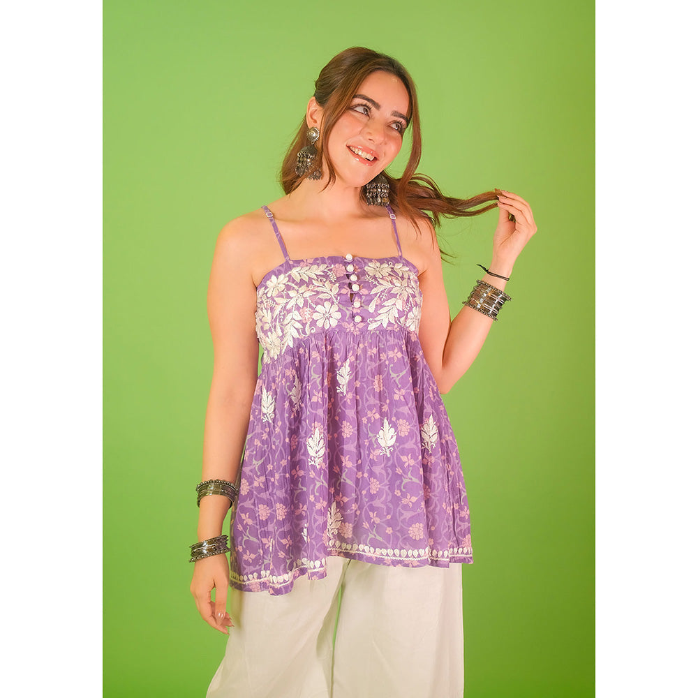 House of Chikankari Mulmul Chikankari Printed Womens Short Kurti-Purple
