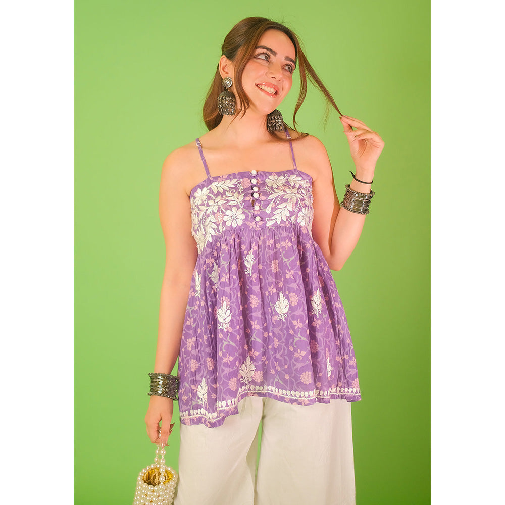 House of Chikankari Mulmul Chikankari Printed Womens Short Kurti-Purple