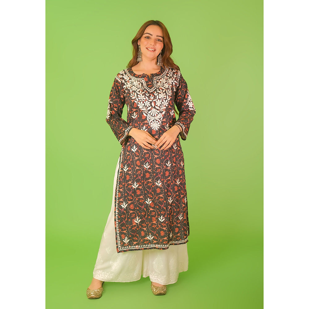 House of Chikankari Mulmul Chikankari Printed Womens Kurta-Black