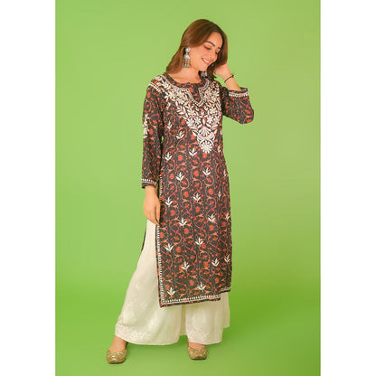 House of Chikankari Mulmul Chikankari Printed Womens Kurta-Black
