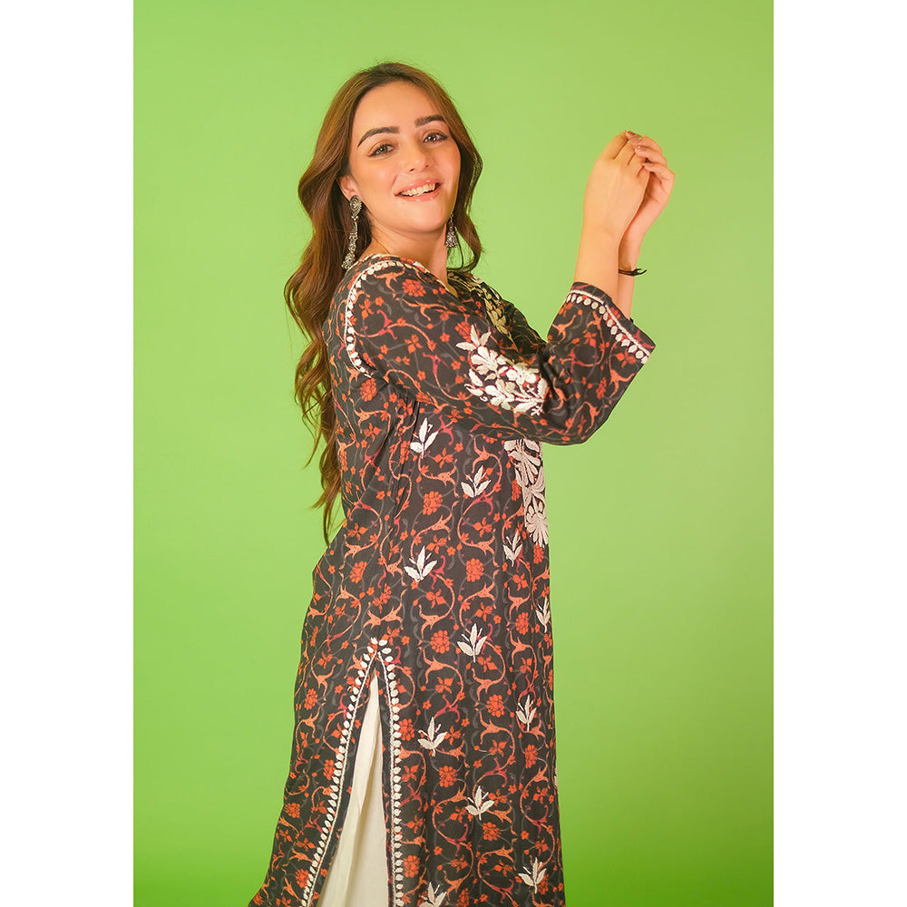 House of Chikankari Mulmul Chikankari Printed Womens Kurta-Black