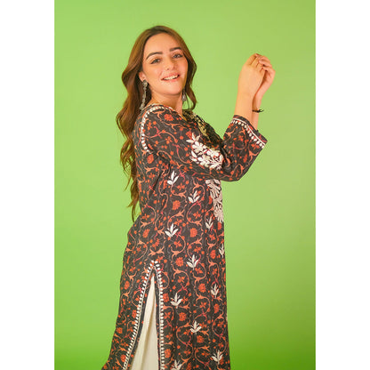 House of Chikankari Mulmul Chikankari Printed Womens Kurta-Black