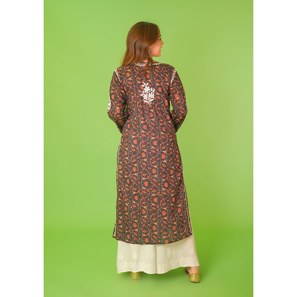 House of Chikankari Mulmul Chikankari Printed Womens Kurta-Black
