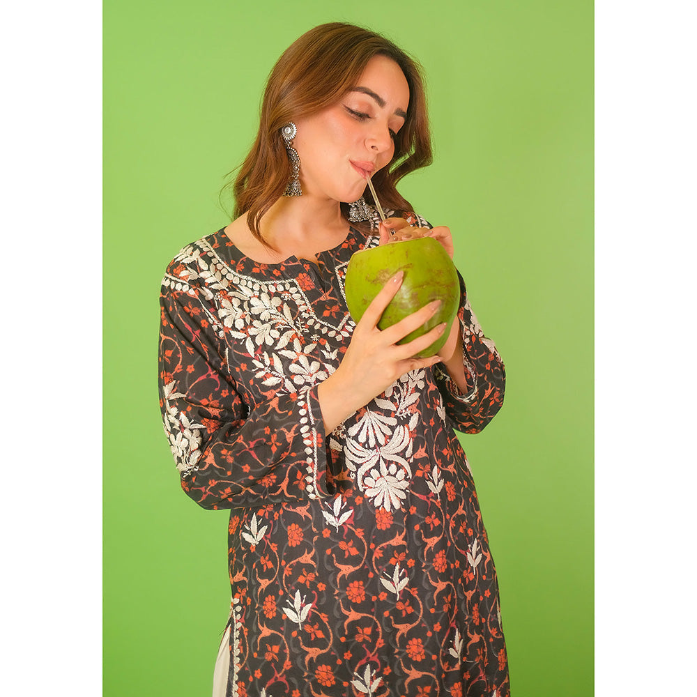 House of Chikankari Mulmul Chikankari Printed Womens Kurta-Black