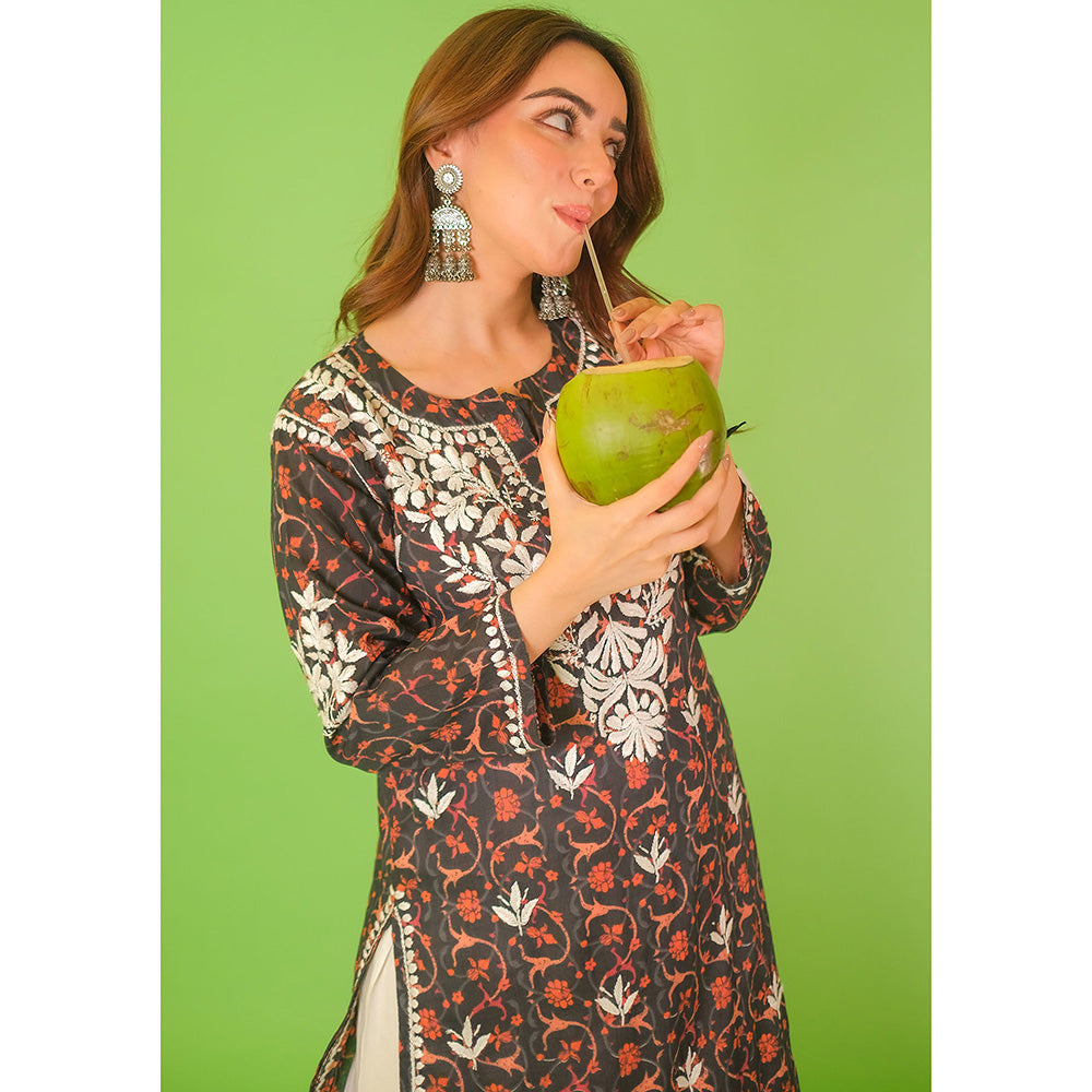 House of Chikankari Mulmul Chikankari Printed Womens Kurta-Black