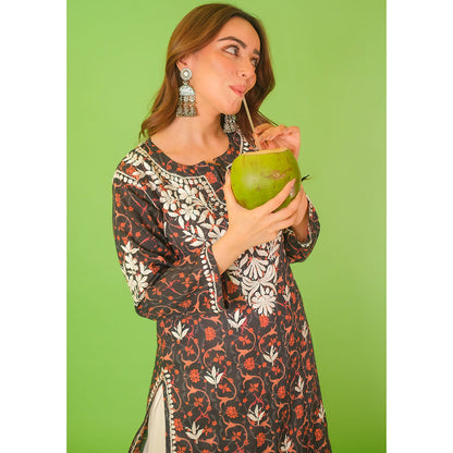 House of Chikankari Mulmul Chikankari Printed Womens Kurta-Black