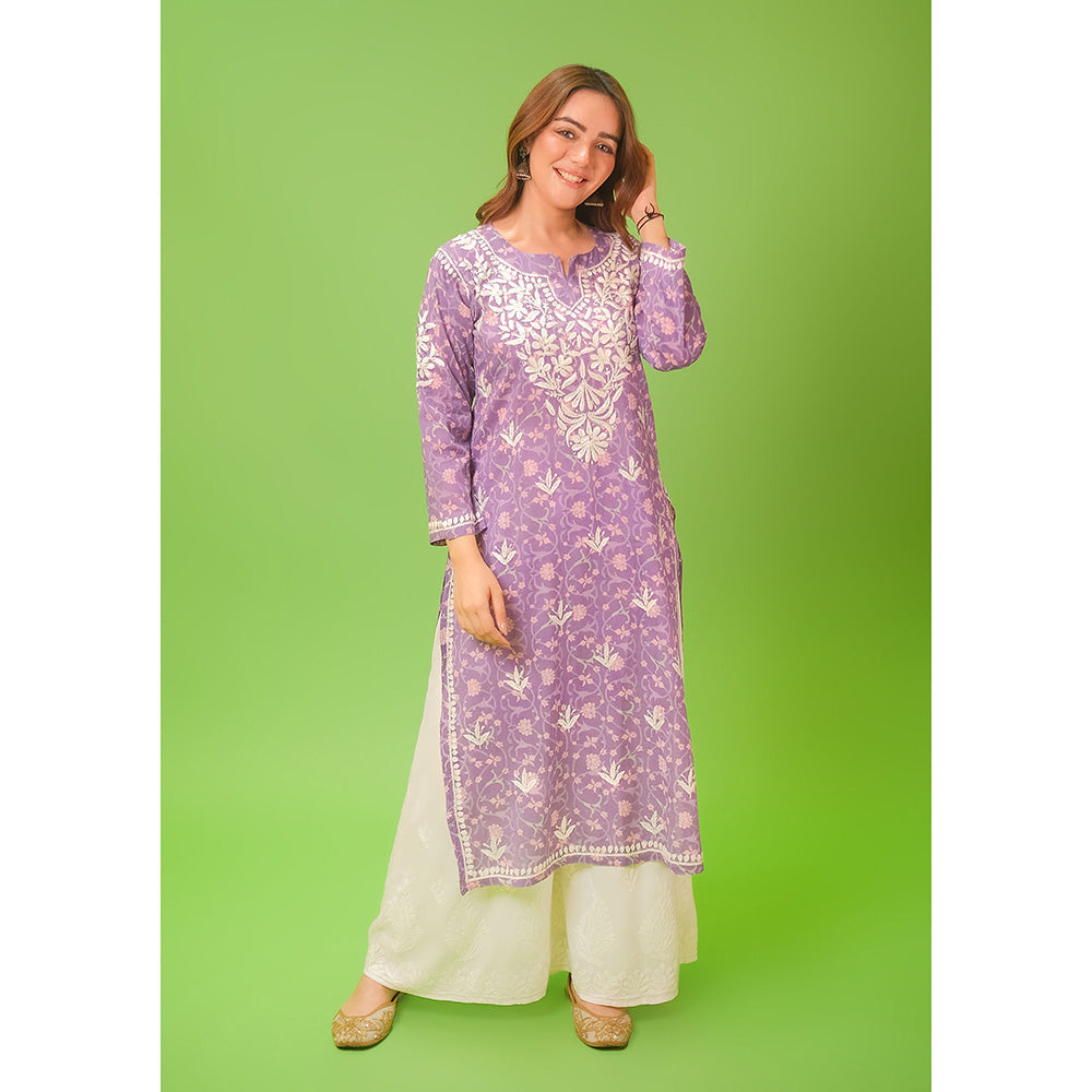 House of Chikankari Mulmul Chikankari Printed Womens Kurta-Purple