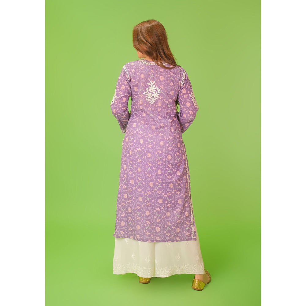 House of Chikankari Mulmul Chikankari Printed Womens Kurta-Purple