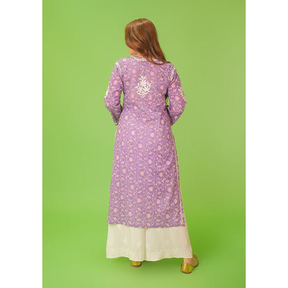 House of Chikankari Mulmul Chikankari Printed Womens Kurta-Purple