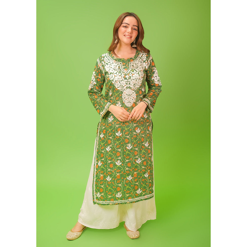 House of Chikankari Mulmul Chikankari Printed Womens Kurta-Green
