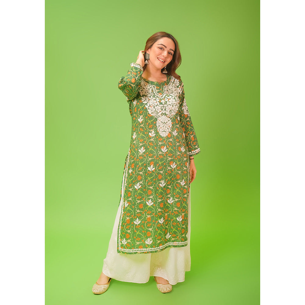 House of Chikankari Mulmul Chikankari Printed Womens Kurta-Green