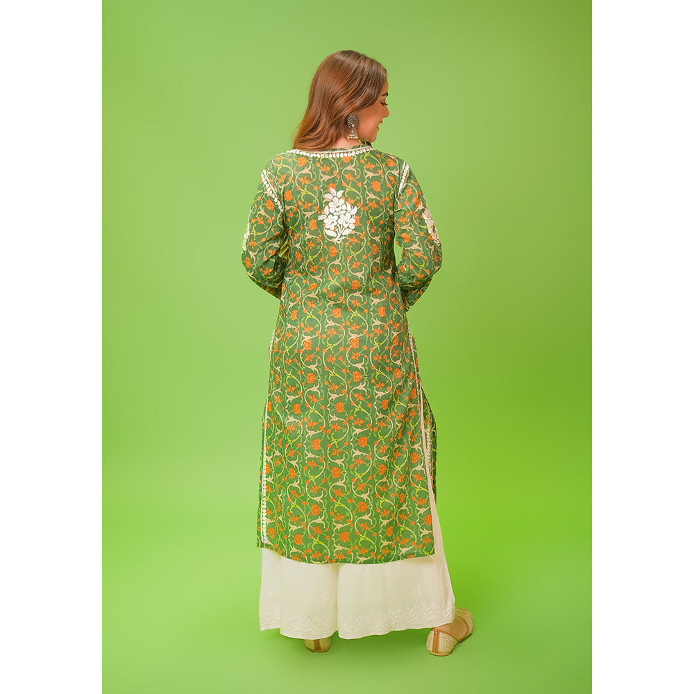 House of Chikankari Mulmul Chikankari Printed Womens Kurta-Green