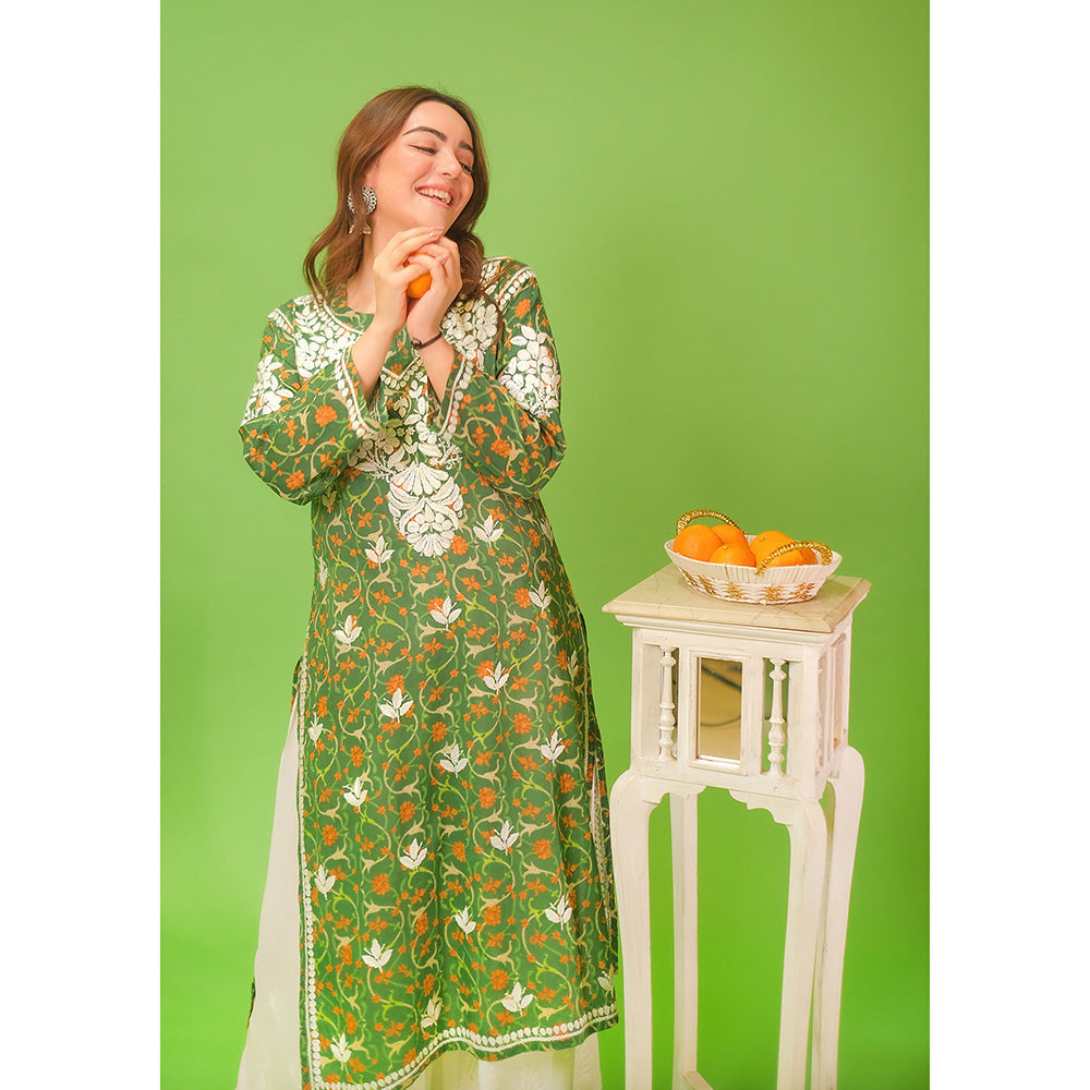 House of Chikankari Mulmul Chikankari Printed Womens Kurta-Green