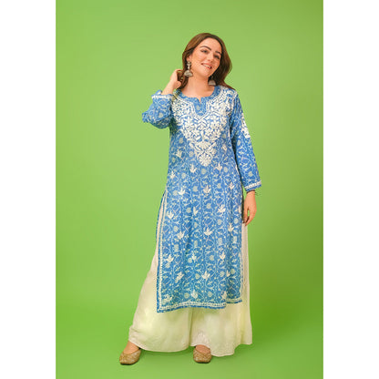 House of Chikankari Mulmul Chikankari Printed Womens Kurta-Blue
