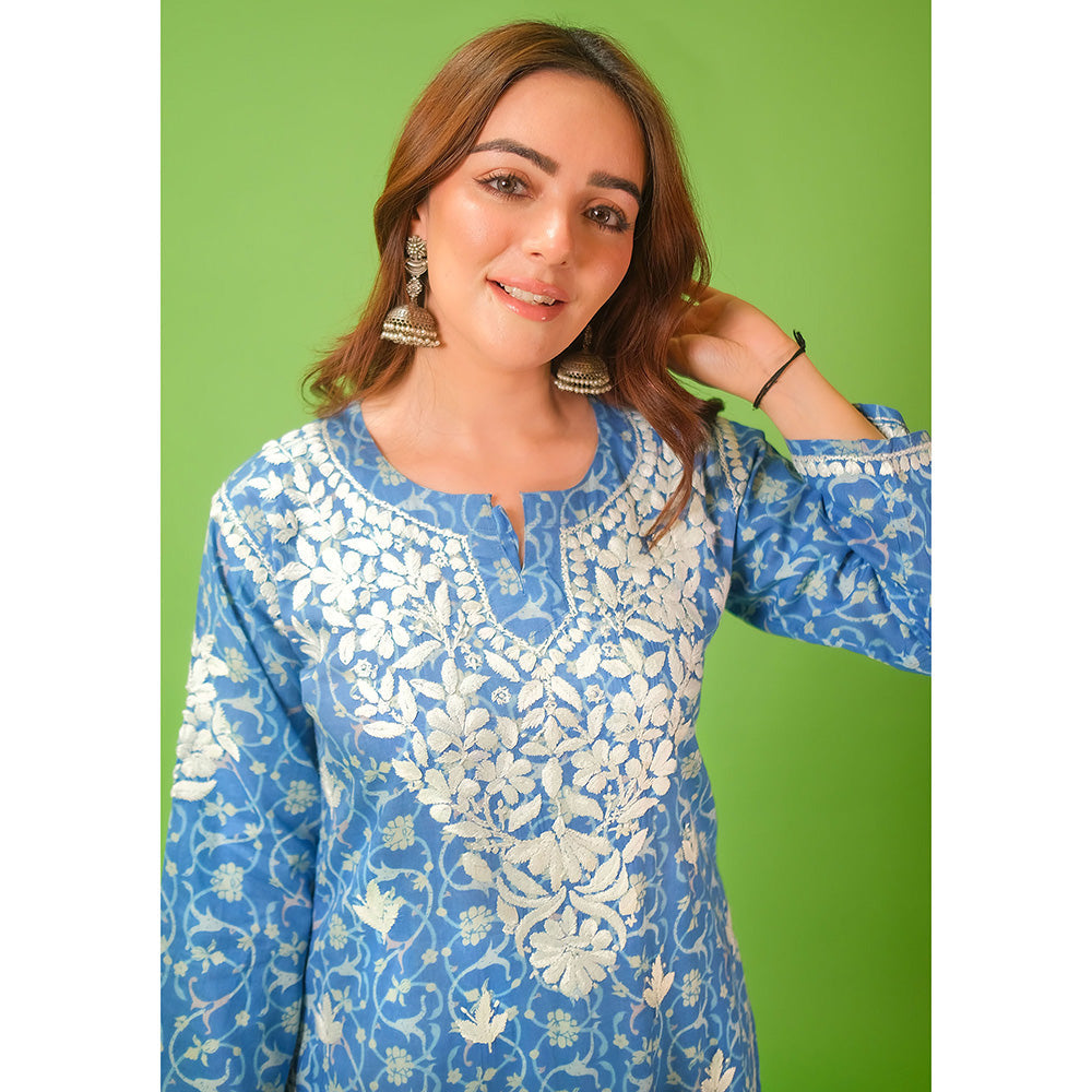 House of Chikankari Mulmul Chikankari Printed Womens Kurta-Blue