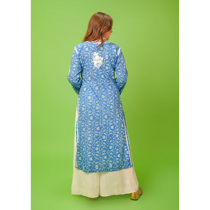 House of Chikankari Mulmul Chikankari Printed Womens Kurta-Blue