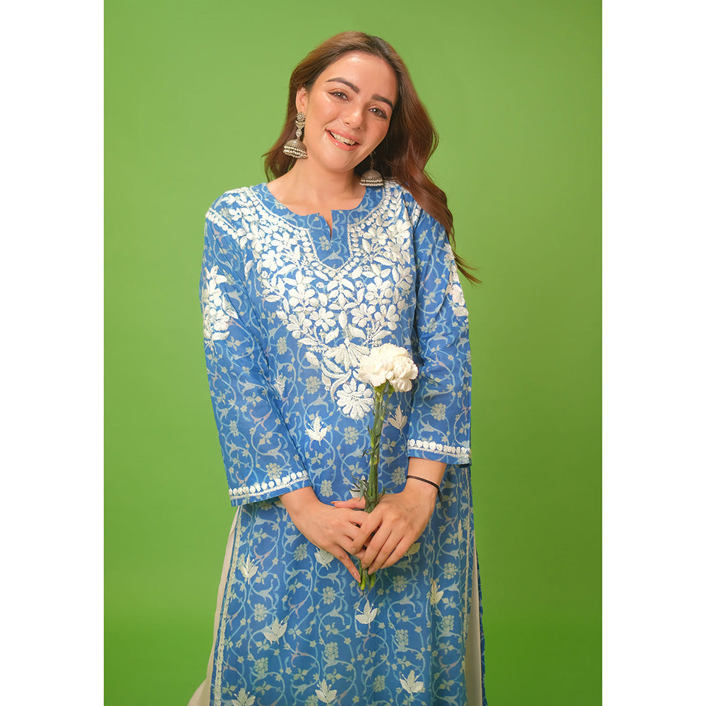 House of Chikankari Mulmul Chikankari Printed Womens Kurta-Blue