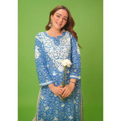 House of Chikankari Mulmul Chikankari Printed Womens Kurta-Blue