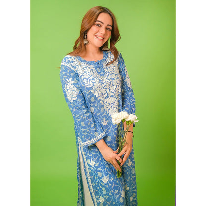 House of Chikankari Mulmul Chikankari Printed Womens Kurta-Blue