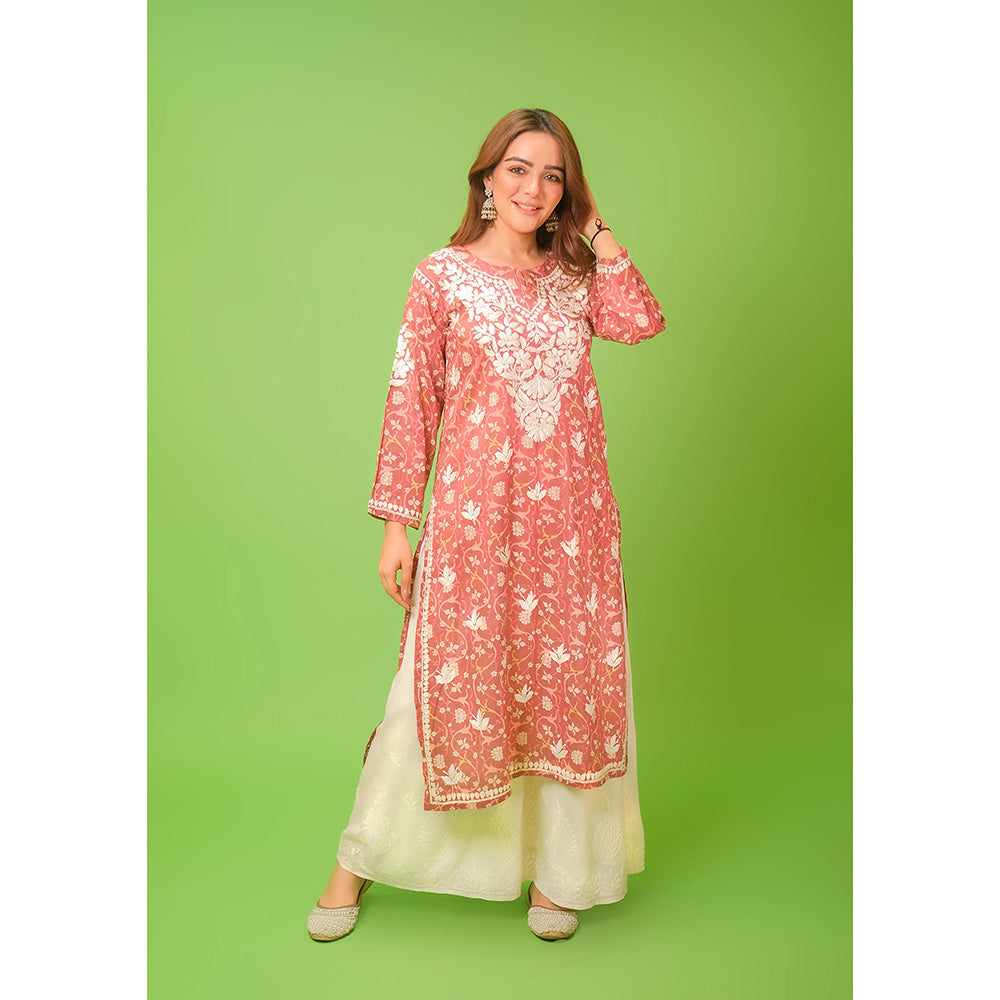 House of Chikankari Mulmul Chikankari Printed Womens Kurta-Pink