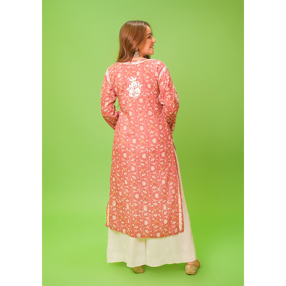House of Chikankari Mulmul Chikankari Printed Womens Kurta-Pink