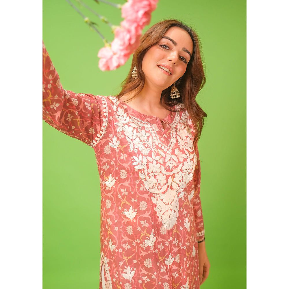 House of Chikankari Mulmul Chikankari Printed Womens Kurta-Pink