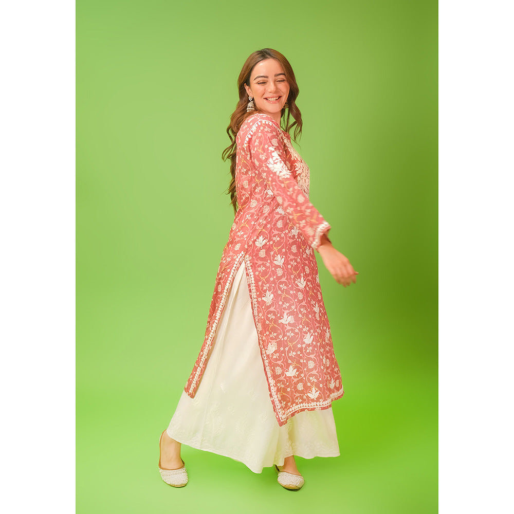 House of Chikankari Mulmul Chikankari Printed Womens Kurta-Pink