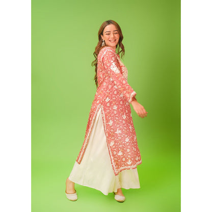 House of Chikankari Mulmul Chikankari Printed Womens Kurta-Pink