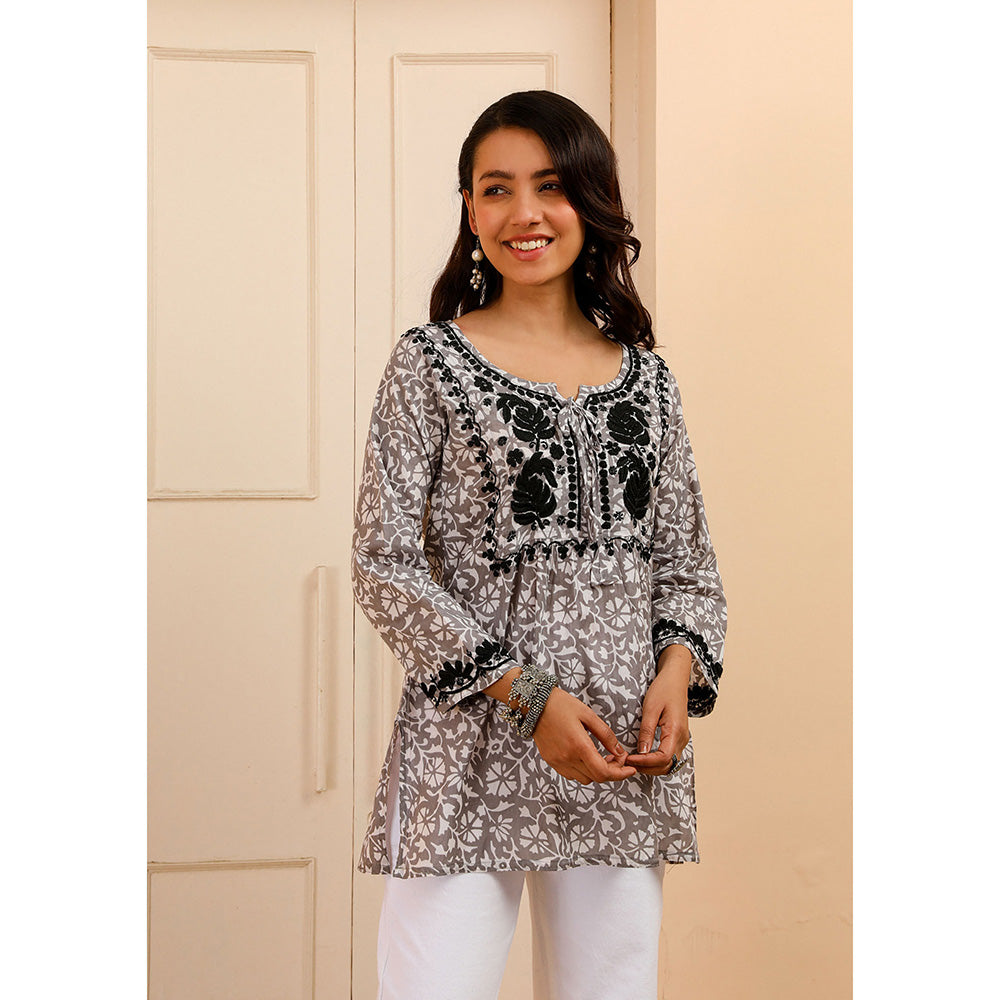 House of Chikankari Mulmul Chikankari Printed Womens Short Kurti-Grey