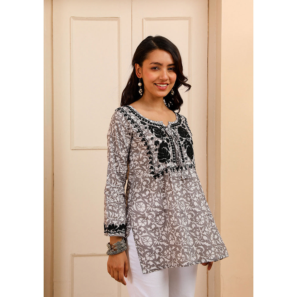 House of Chikankari Mulmul Chikankari Printed Womens Short Kurti-Grey