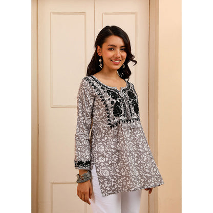 House of Chikankari Mulmul Chikankari Printed Womens Short Kurti-Grey