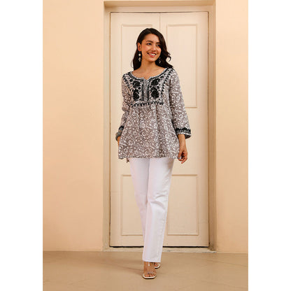 House of Chikankari Mulmul Chikankari Printed Womens Short Kurti-Grey