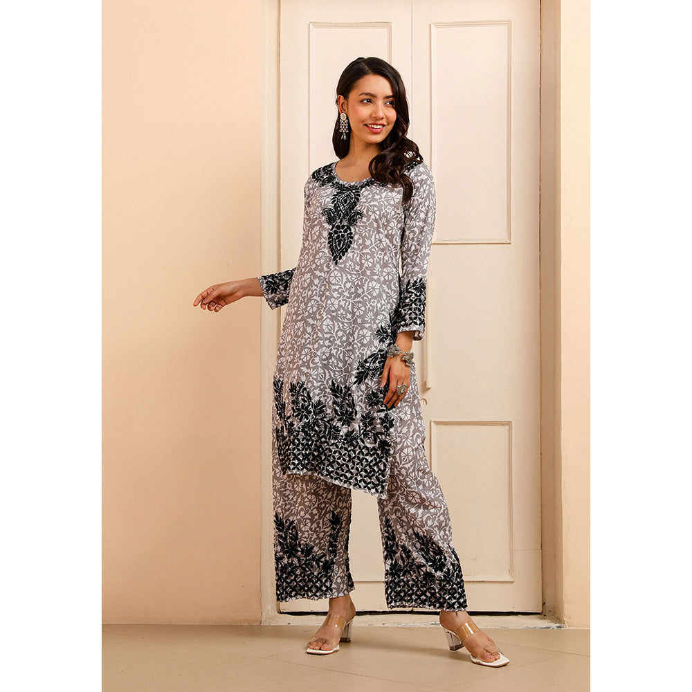 House of Chikankari Mulmul Chikankari Printed Womens Kurta with Pants-Grey (Set of 2)