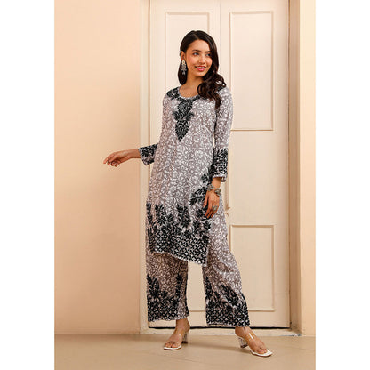 House of Chikankari Mulmul Chikankari Printed Womens Kurta with Pants-Grey (Set of 2)