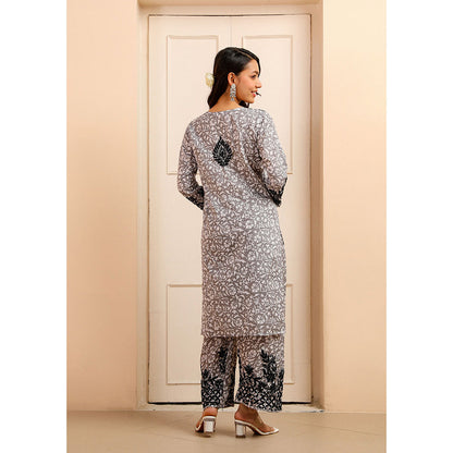 House of Chikankari Mulmul Chikankari Printed Womens Kurta with Pants-Grey (Set of 2)
