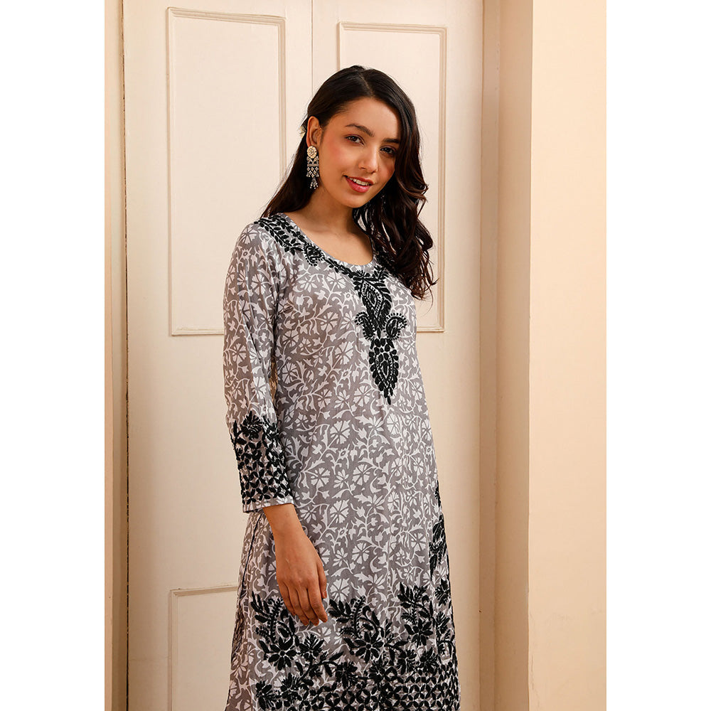 House of Chikankari Mulmul Chikankari Printed Womens Kurta with Pants-Grey (Set of 2)