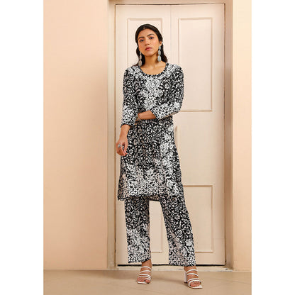 House of Chikankari Mulmul Chikankari Printed Womens Kurta with Pants-Black (Set of 2)