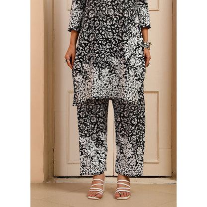 House of Chikankari Mulmul Chikankari Printed Womens Kurta with Pants-Black (Set of 2)