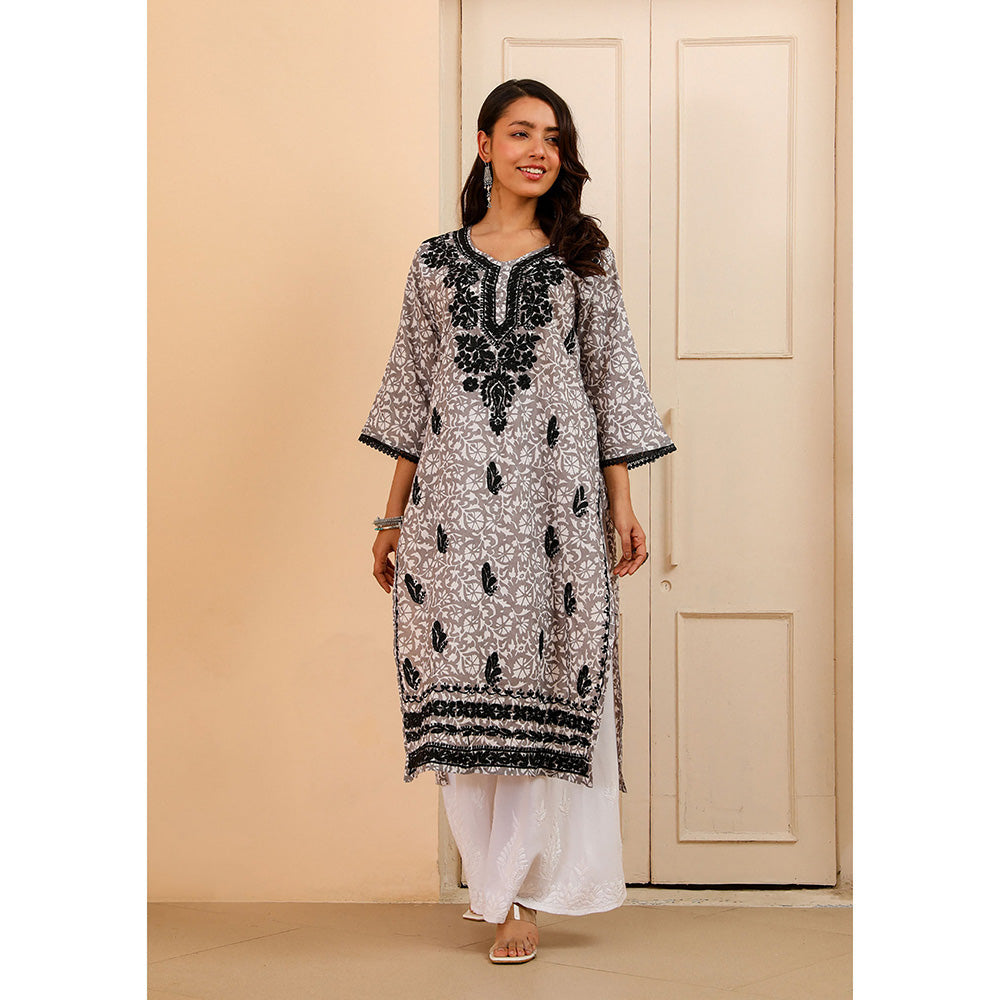 House of Chikankari Mulmul Chikankari Printed Womens Kurta-Grey
